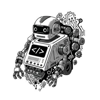 un robot con un código en es cofre vector