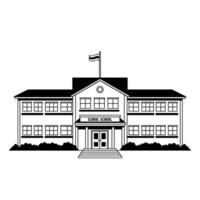 A Black and White Image of a School Building With a Flag on Top vector