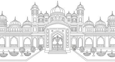 An Indian palace lit up with Diwali lights, with a grand entrance and simple architectural details for coloring fun vector