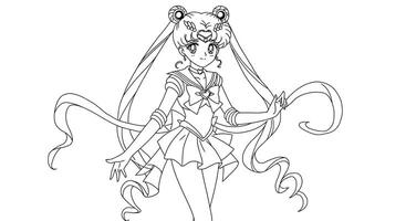 Coloring page featuring Sailor Moon in her iconic pose, with her tiara and flowing ribbons vector