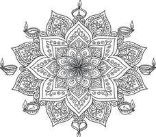 Rangoli design featuring a symmetrical floral pattern with small diya lamps placed around it vector