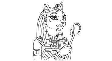 An egyptian cat with a staff coloring page vector
