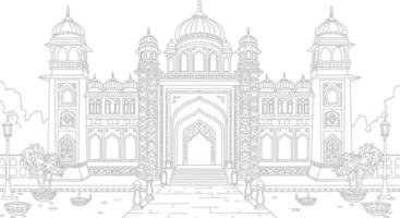An Indian palace lit up with Diwali lights, with a grand entrance and simple architectural details for coloring vector