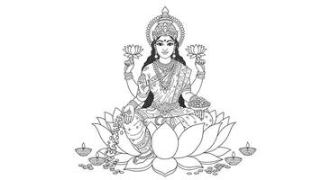Lakshmi idol seated on a lotus flower, holding gold coins and blessing hands, with small diyas placed around her vector
