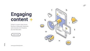 Engaging content web banner template showcasing isometric design and promotional elements vector
