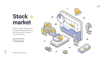 Isometric line illustration template for stock market web banner design vector