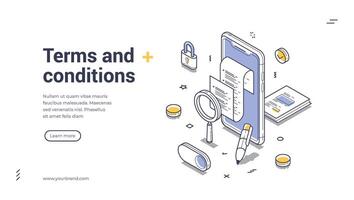 Web banner template for terms and conditions featuring isometric design and elements vector