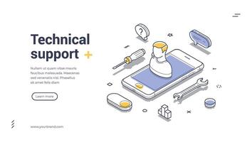 Technical support web banner template featuring isometric design and tools vector