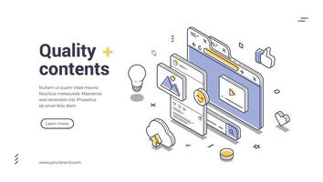 Engaging isometric web banner template for promoting quality content creation and services vector