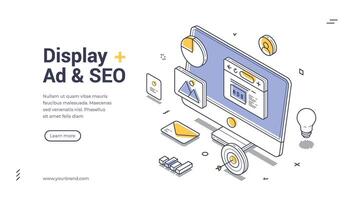 Display ad and SEO web banner template featuring isometric illustration elements vector