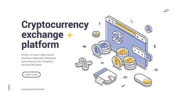 Web banner template for cryptocurrency exchange platform with isometric design vector