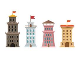 Four different colored towers with flags on top vector