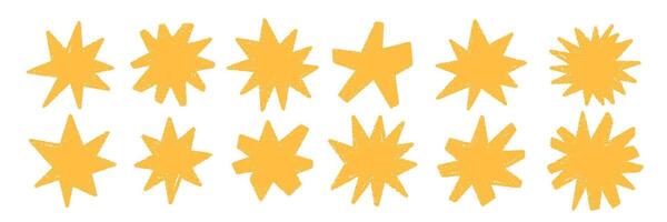 Set of doodle stars with crayon, chalk or pastel texture. Playful elements for kids design. Yellow illustration on a white background. vector