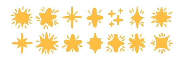 Set of doodle stars with twinkle and sparks with crayon, chalk or pastel texture. Playful elements for kids design. Yellow illustration on a white background. vector