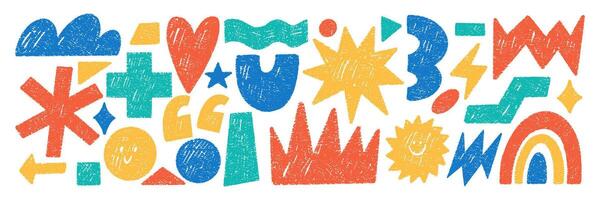 Set of playful elements with crayon, chalk or pastel texture. Star, cloud, cross and rainbow for kids design. Hand drawn color illustration on a white background. vector