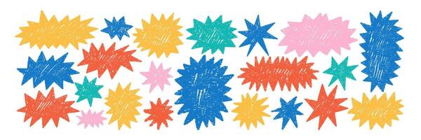 Set of hand drawn stars or labels with crayon, chalk or pastel texture. Playful elements for kids. Color illustration on white background. vector