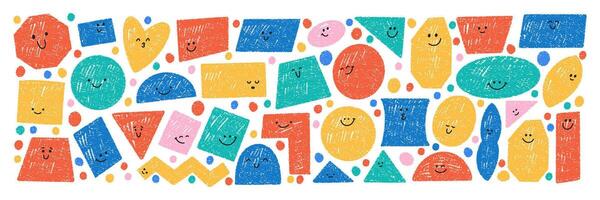 Set of various basic geometric shapes with face emotions. Playful characters with crayon, pastel or chalk texture. Color illustration on a white background. vector