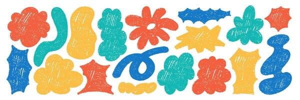 Set of playful elements with crayon, chalk or pastel texture. Speech bubbles, cloud and flower for kids design. Hand drawn color illustration on a white background. vector