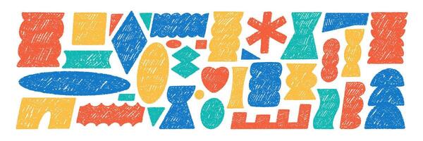 Set of various funky elements with abstract geometric shapes. Rectangle, circle, oval and heart with crayon, chalk or pastel texture. Hand drawn color illustration on a white background. vector