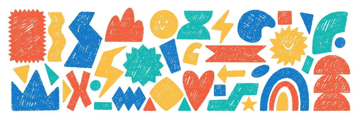 Set of playful elements with crayon, chalk or pastel texture. Lightning, crown, tag and rainbow for kids design. Doodle color illustration on a white background.