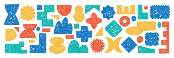 Set of y2k elements with abstract geometric shapes. Rectangle, circle and heart with crayon, chalk or pastel texture. Hand drawn color illustration on a white background. vector