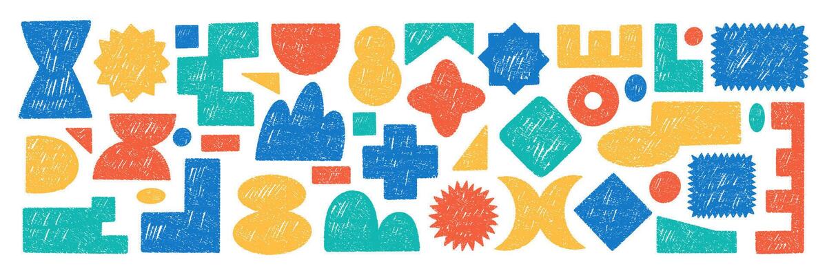 Set of y2k elements with abstract geometric shapes. Rectangle, circle and heart with crayon, chalk or pastel texture. Hand drawn color illustration on a white background.