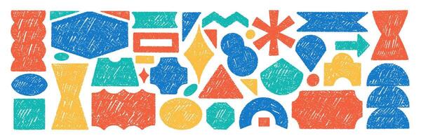 Set of playful elements with abstract geometric shapes. Rectangle, circle, oval and zigzag with crayon, chalk or pastel texture. Hand drawn color illustration on a white background. vector