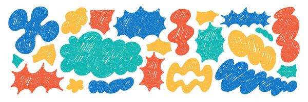 Set of playful elements with abstract liquid shapes. Speech bubbles, cloud and flower with crayon, chalk or pastel texture. Hand drawn color illustration on a white background. vector