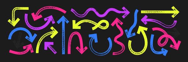 Set of grunge hand drawn arrows with black brush or marker texture. Direction elements, curve brush strokes. Color illustration on a blackboard. vector