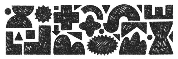 Set of y2k elements with abstract geometric shapes with crayon, chalk or pastel texture. Cross, circle and oval. Hand drawn illustration. vector