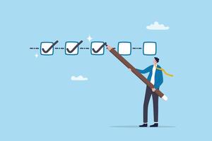 Project tracking, finishing or development completion progress, project timeline or task workflow, productivity or efficiency concept, businessman project manager tick project checklist progress. vector