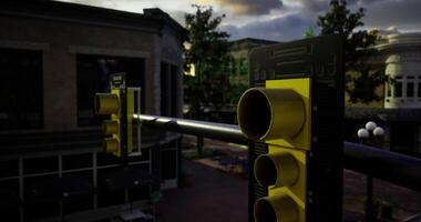 Traffic signals illuminated at dusk in a bustling urban environment video