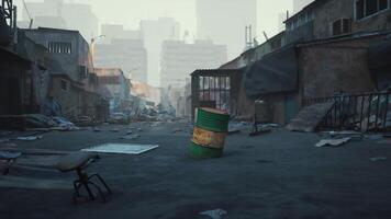 Desolate urban street scene with debris and abandoned structures in daylight video