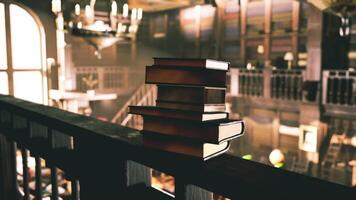 Old library with stacked books resting on a railing in a quiet space video