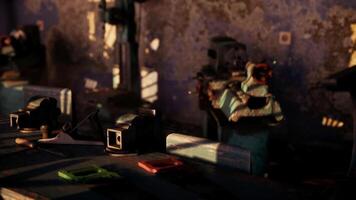 Old workshop filled with tools and shadows during late afternoon video
