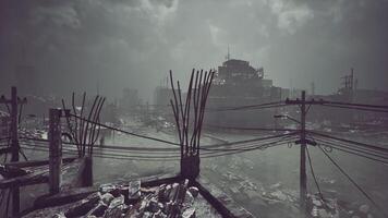Urban decay viewed from rooftop in a desolate, post apocalyptic setting video
