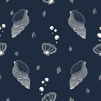 pattern with hand drawn shells and pearls with scallop, on blue background vector