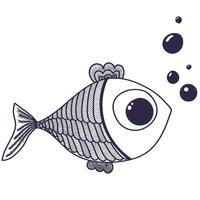 cute sea fish with bubbles hand drawn with simple lines on transparent background vector