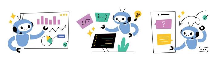 Collection of cute AI robot assistant scenes. Flat cartoon illustrations of artificial intelligence analyzing data, charts and dashboards, coding, editing, answering questions in chatbot set vector