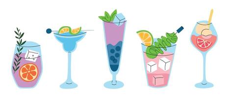 illustrations set of summer cocktails, smoothies, and mocktails in elegant glasses. Tropical citrus drinks with fruits, ice, and garnishes like mint, lemon, and berries, doodles for bar menus vector