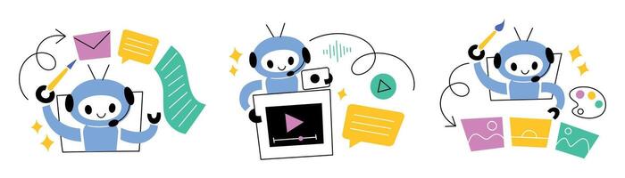illustration of cute AI robot assistant creative tasks. Chatbot writing messages, making or editing videos, creating digital art. Minimal flat cartoon artificial intelligence, vector
