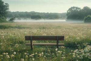 A bench sitting in a field of flowers photo