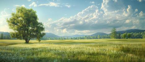 A beautiful landscape with a tree and grass photo