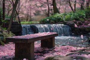 A bench sitting in front of a waterfall with pink flowers photo