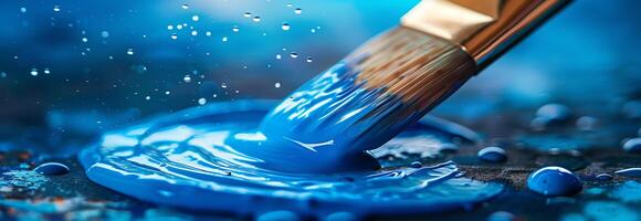 A paint brush is being used to paint blue paint photo