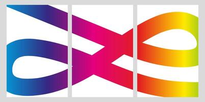 Abstract geometric triptych with curved ribbon in rainbow gradient on white background. Modern wall art, minimalistic design concept vector
