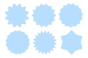 Set of six blue blank badge shapes with wavy and star edges isolated on white background. Template for labels, stickers, and design vector