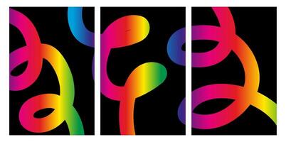 Abstract digital art triptych with colorful doodles gradient curved lines moving on black background vector