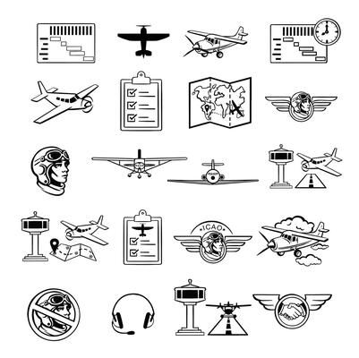 linear monochrome set of airport and civil aviation icons lines simple