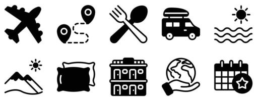 Traveling Icon Set Solid Style Collection A modern set of solid-style icons perfect for travel guides maps and tourism branding. vector